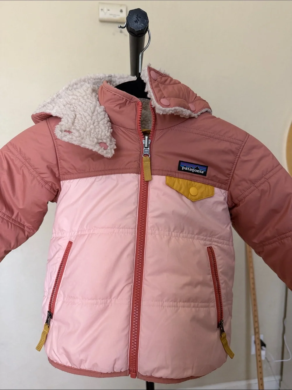Patagonia Tribbles Reversible Jacket pink salmon mustard girl size 3T